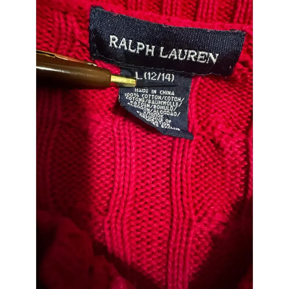Girls Ralph Lauren POLO Pink Cable Knit Ruffle Front Sweater Top Size L (12/14)